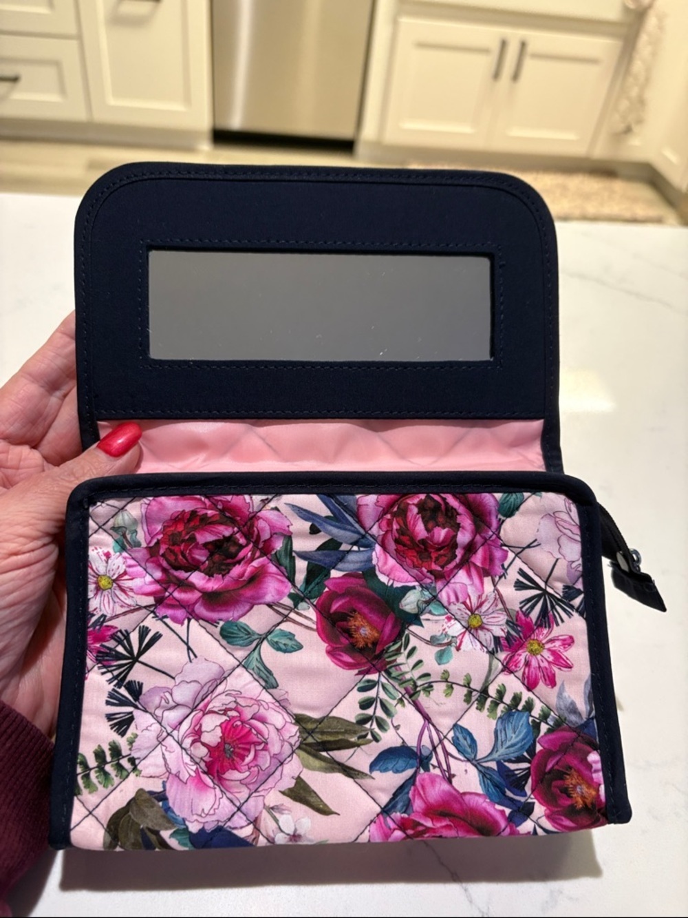Floral Quilted Foldover Cosmetic Bag with mirror - Pink Floral…. - Picture 4 of 7